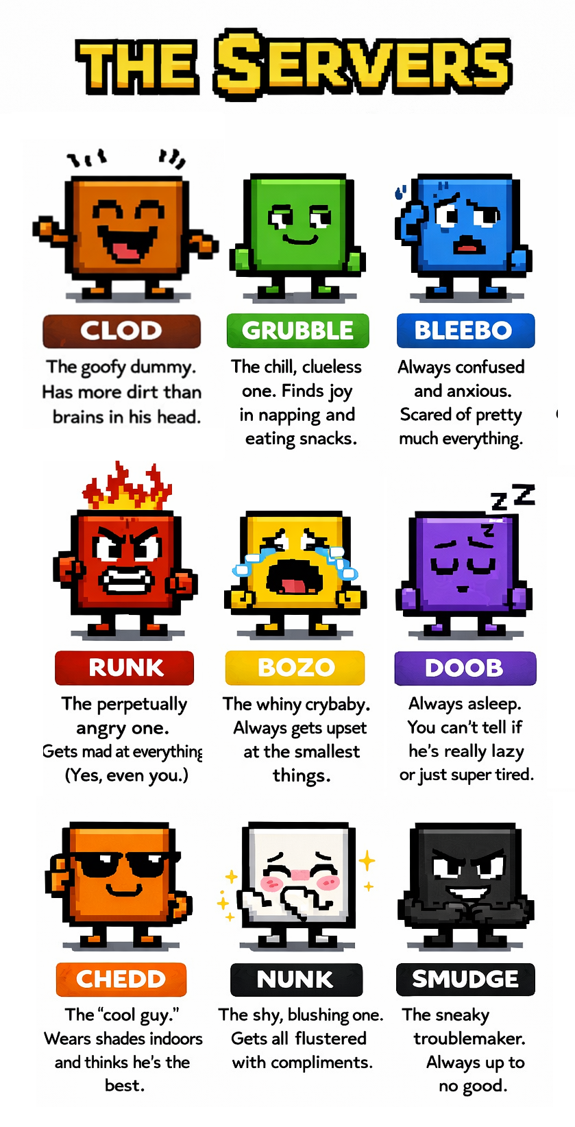 The Servers - Clod, Grubble, Bleebo, Runk, Bozo, Doob, Chedd, Nunk, and Smudge
